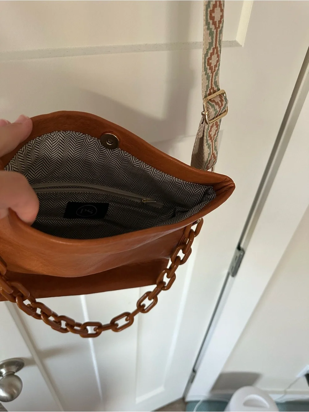 Leather Crossbody Bag with Patterned Adjustable Strap - Brown